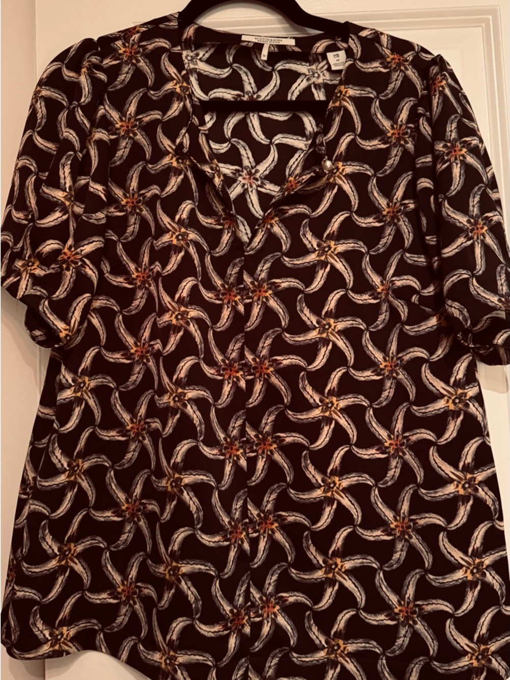 Scotch & Soda Black V-Neck Tunic with Cream & Tan Floral Starburst Pattern